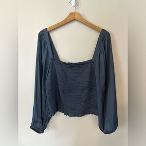 J. Crew | Teal Featherweight Smocked Satin Crop Top Puff Sleeve L